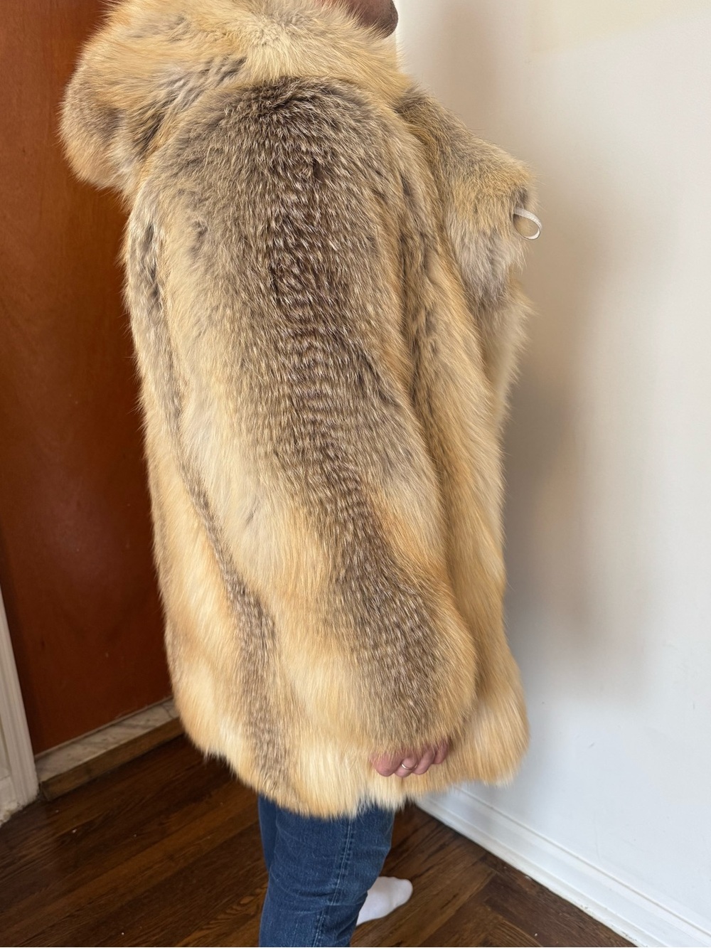 Golden island gold fox Luxurious Natural Fur Coat -Honey Blonde Tones Men  hood - Picture 6 of 16